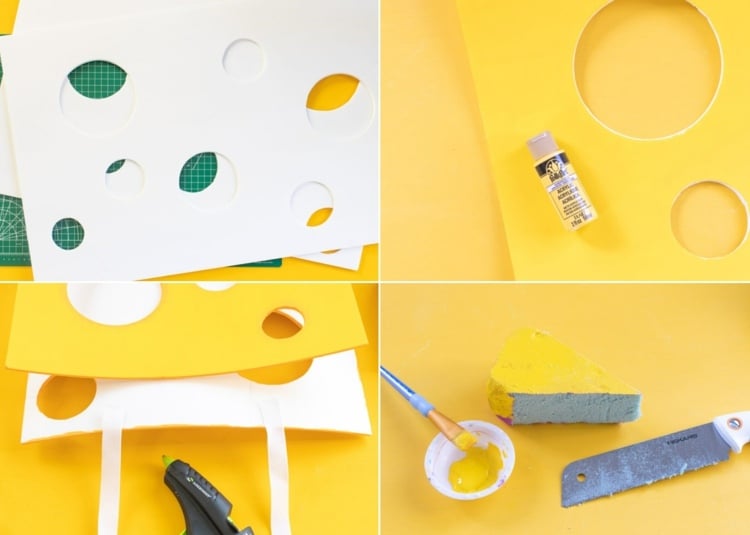 Gelben Käse mit Löchern basteln - Anleitung für Schilder zum Umhängen