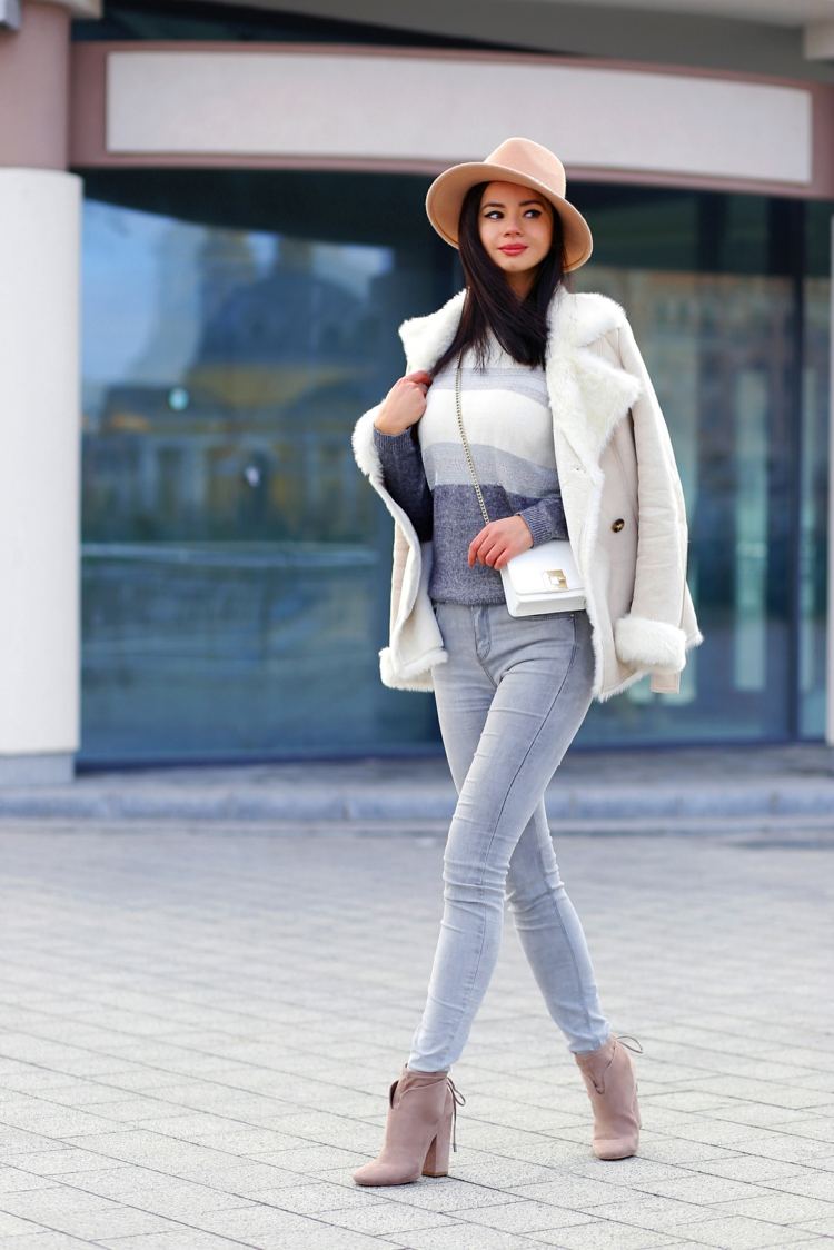 Graue Jeans kombinieren Damen wildleder jacke winter outfits elegant