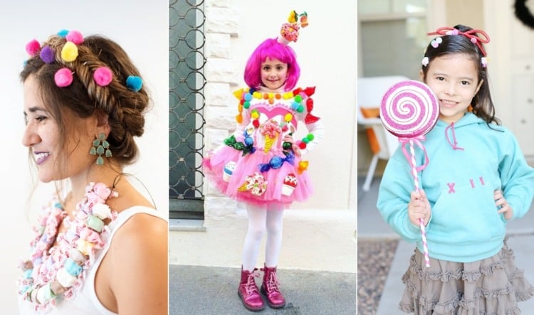 Ideen für Candy Girl mit echten Süßigkeiten, Perücke und selbstgemachtem Lutscher
