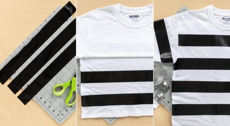 Karnevalskostüme selber machen mit weißem Shirt und schwarzem Klebeband - Häftling Idee