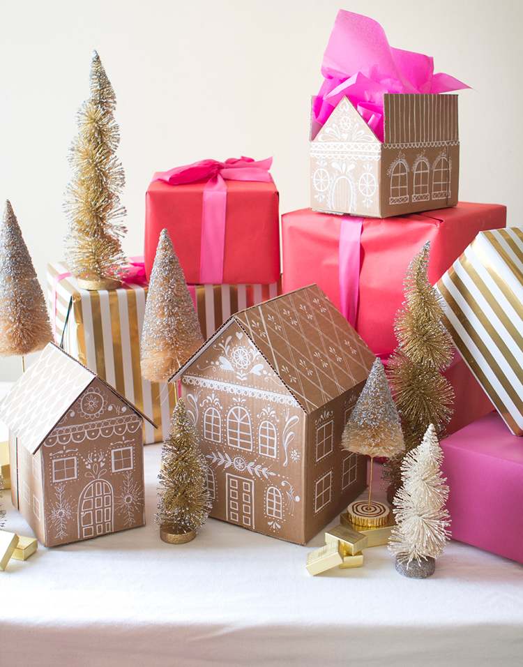 Weihnachtsverpackung Ideen Geschenkboxen aus Karton Häuschen selber machen