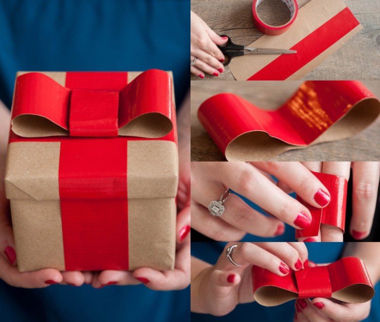 Weihnachtsverpackung basteln Geschenkbox mit Schleife aus farbigem Klebeband selber machen