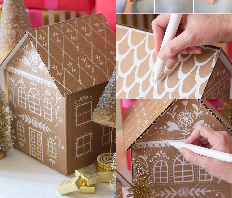 Weihnachtsverpackung basteln Häuschen aus Karton selber machen und bemalen Anleitung