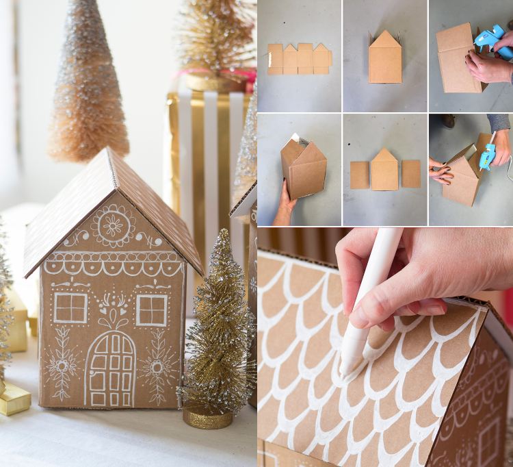 Weihnachtsverpackung basteln Häuschen aus Karton selber machen und bemalen