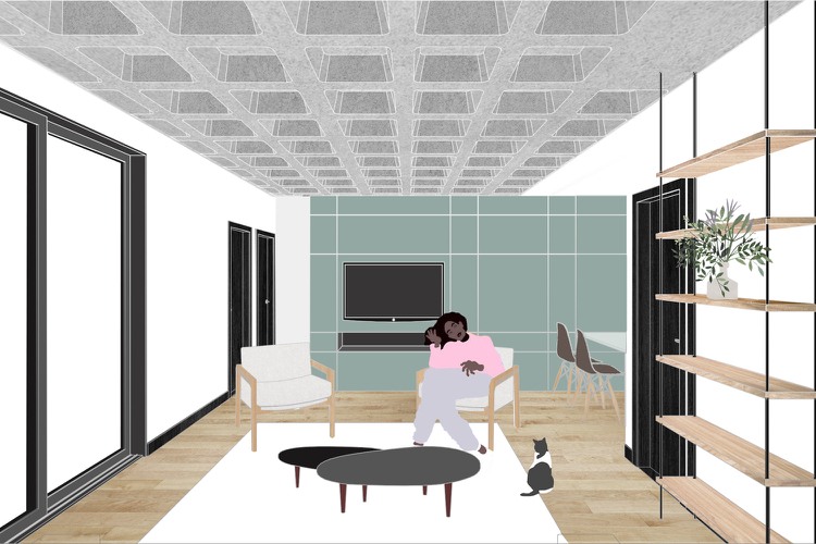 Wohnung umbauen Wohnzimmer modern mit Wohnwand als Raumteiler