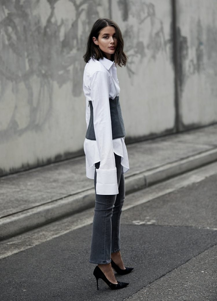 graue jeans bluse kombinieren business outfits im winter frauern