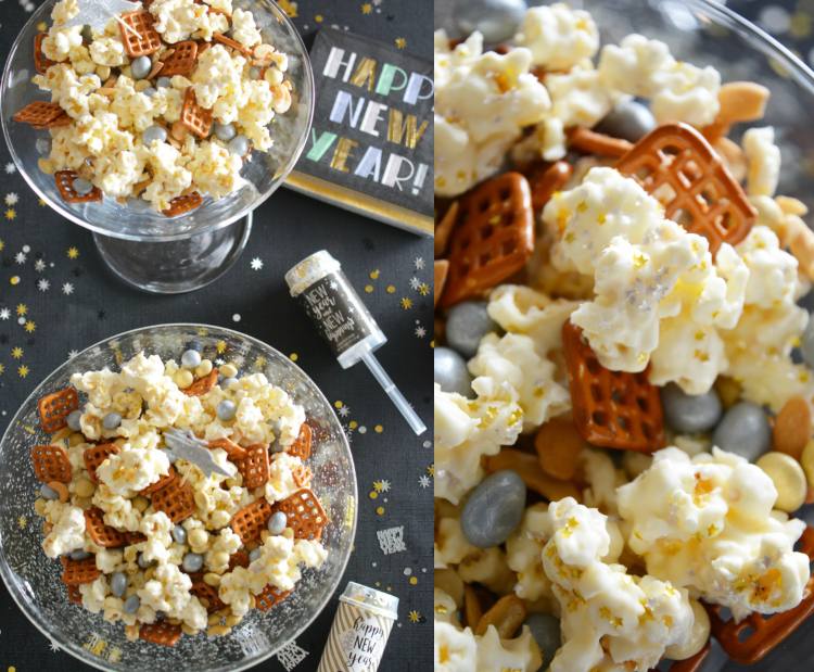 silvester Snacks Rezept für glitzernde Popcorn mit Nüssen und Salzstangen in Martini Glas