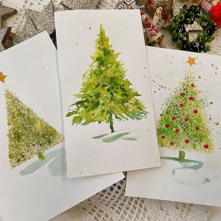 tannenbäume malen mit aquarellfarbe weihnachtskarten