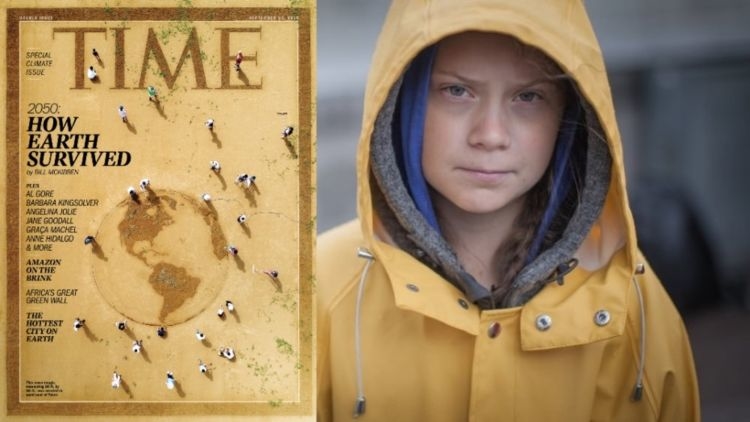 titelseite von time magazine mit greta thunberg in gelber regenjacke angezogen