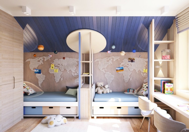 Pleasant shades of blue and wood combined in a boy's room with a slant
