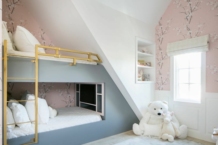 Suggestion for the bed under the sloping ceiling for girls - pink wallpaper, combined with blue-gray color