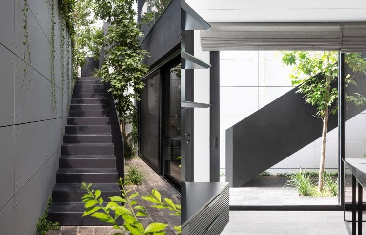 Anthrazit Farbe Außentreppe aus Metall gestalten modernes Haus mit Platten an der Fassade