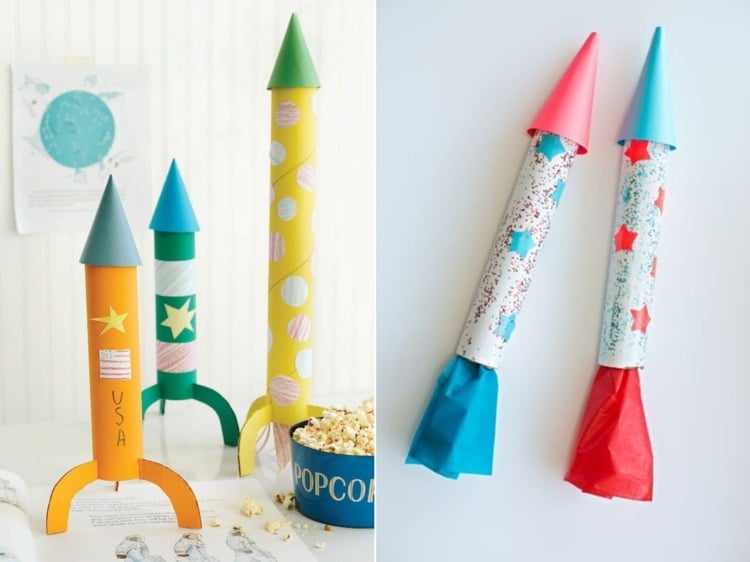 Auf der Weltraum Party basteln mit Kindern - Raketen selber machen aus Papier