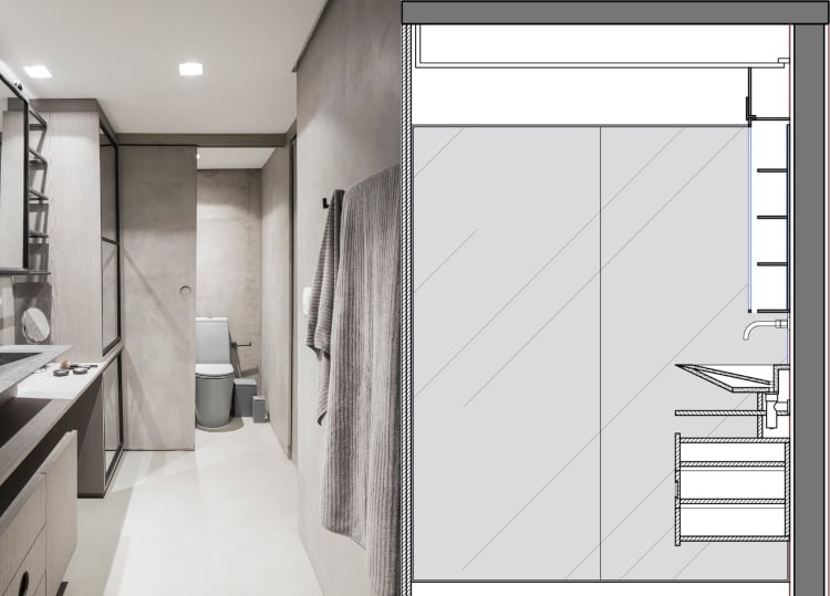 Badezimmer und Toilette getrennt mit Schiebetür und Badeschränken aus grauem Holz