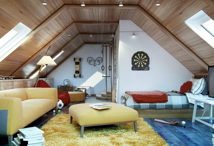 Place the bed under a sloping roof and make room for other furniture
