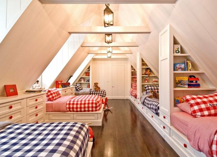 Country-style attic room with many built-in beds and checkered bed linen