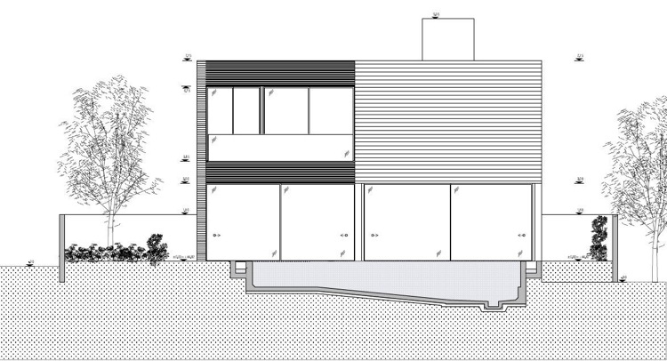 Einfamilienhaus mit abgehängter Fassade un Glasfronten und Flachdach Grundriss