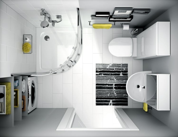 Grundriss Idee von oben - Eckdusche, Einbauregal in einer Nische und Toilette mit Oberschrank