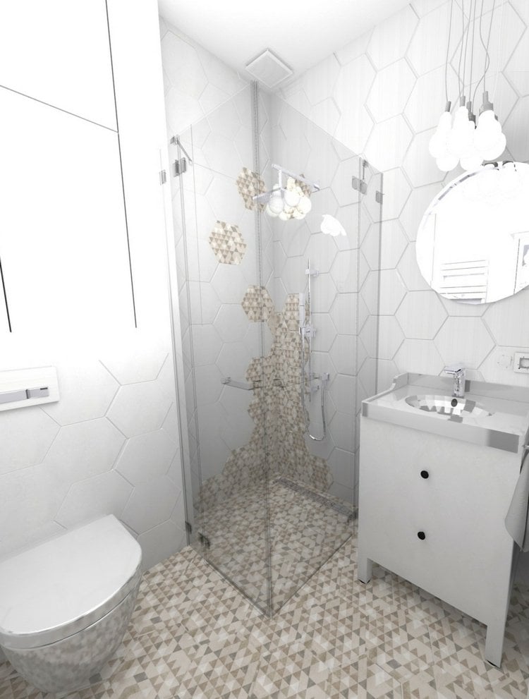 Hexagon Fliesen für die Wände und weißer Unterschrank mit Waschbecken