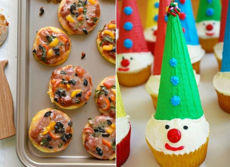Mini Pizza und zum Motto Karneval gestaltete Cupcakes kommen bei Kindern gut an