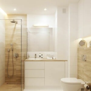 Offene, bodenebene Dusche und moderner Waschschrank in Weiß für ein schickes Gäste WC