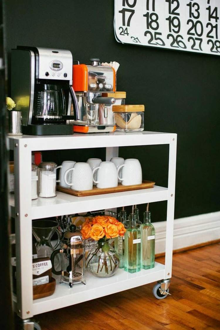 Rollwagen Kaffeestation Küche wie gestalten graue Wandfarbe