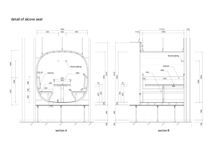 Sitzbereich in Kapseln im Waschbereich mit Bänken und Tischen - Plan