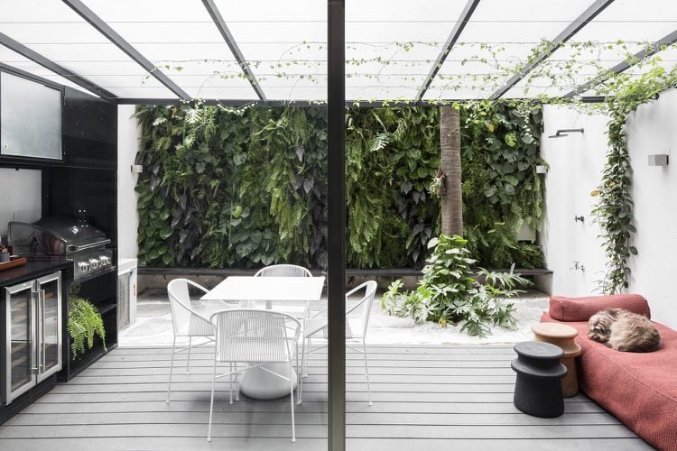 Terrasse mit kleinem Garten und bepflanzte Gartenmauer mit Kletterpflanzen