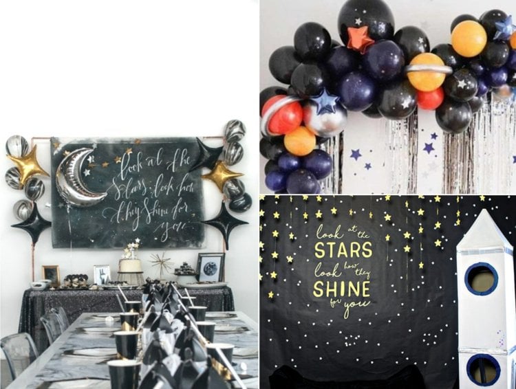 Weltraum Party in Schwarz-Weiß mit Sternen und Planeten und vielen Ballons