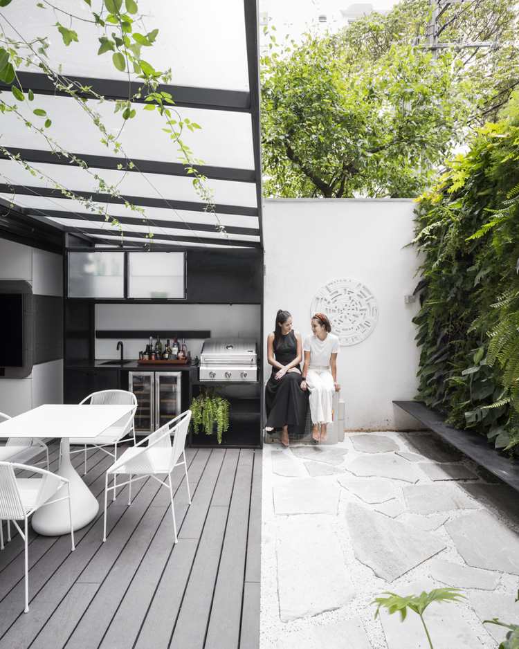 Wintergarten in Schwarzweiß gestalten und überdachte Terrasse mit moderner Outdoor Küche anlegen