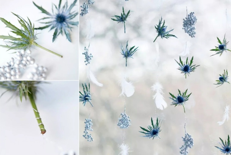 Winterliche Blüten und andere Dekorationen für einen floralen Vorhang für die Fenster verwenden