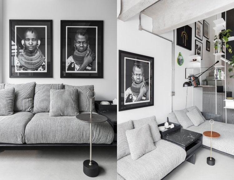 Wohnzimmer in Grau mit schwarzweißen Bildern und modulares Sofa mit Kaffeetisch aus Marmor