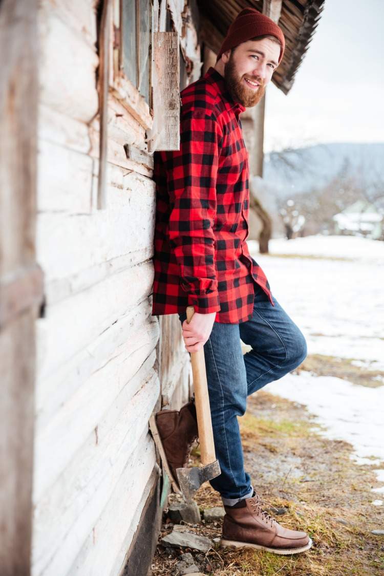 holzfäller stil lumberjack mit karohemd und jeans boots