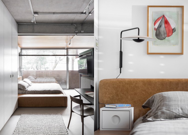 modernes Schlafzimmer in Nichtfarben einrichten mit Bett mit Lederbezug