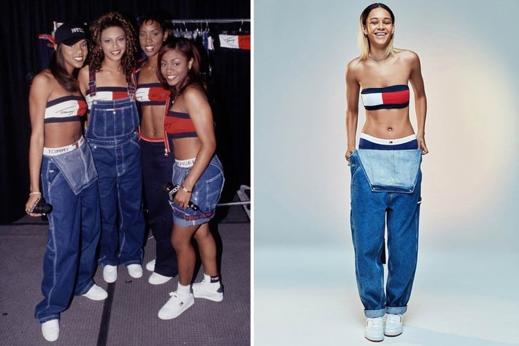 90er Party Outfit Ideen für Frauen Jeans und schulterfreies Top