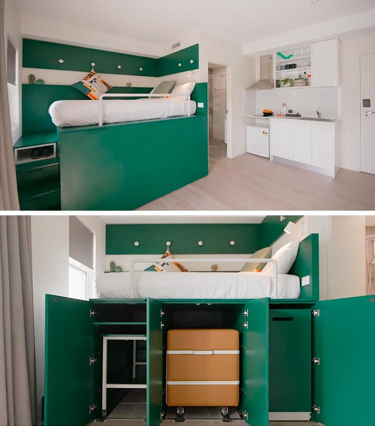 20 qm Wohnung mit multifunktionalen Möbeln wie Hochbett mit Stauraum für Tisch und Kleiderschrank
