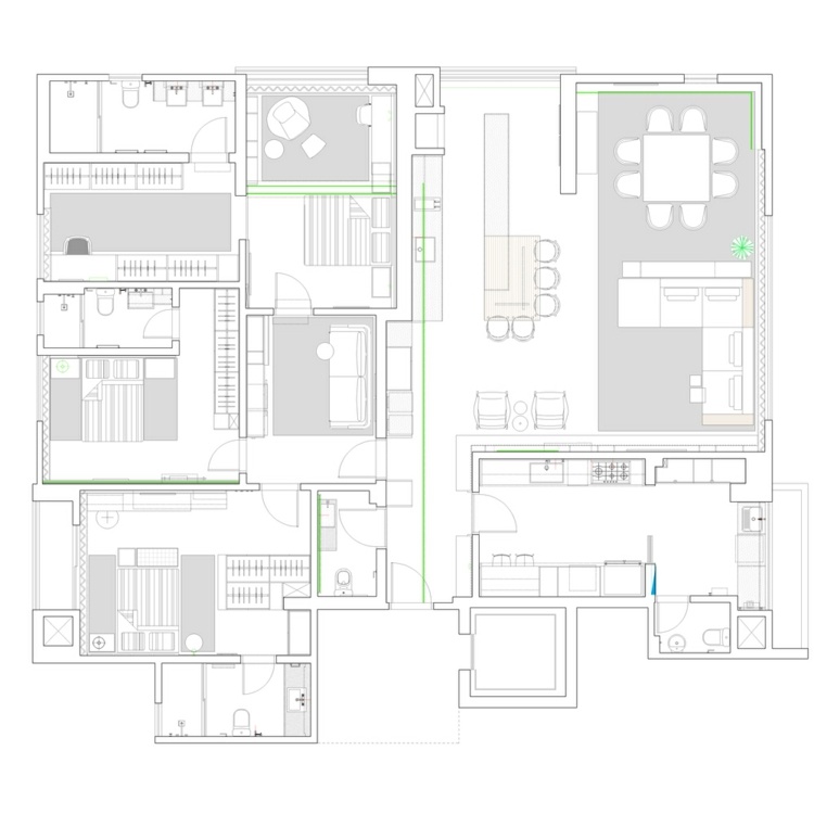Grundriss des Apartments mit Küche in Grau Matt im offenen Wohnraum und drei Schlafzimmern