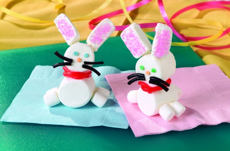 Idee für kleine Hasen zum Oserfest zusammengebaut aus großen und Mini-Marshmallows
