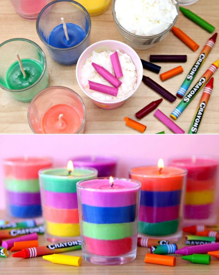 Kreative Faschingsdeko im Glas - Farbige, gestreifte Kerzen mit Wachsmalstiften