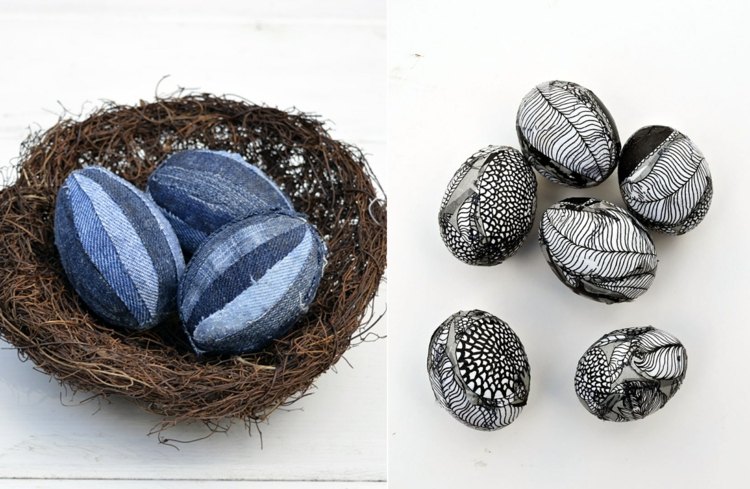 Ostereier bekleben mit Streifen aus blauer Jeans und Marimekko in Schwarz-Weiß