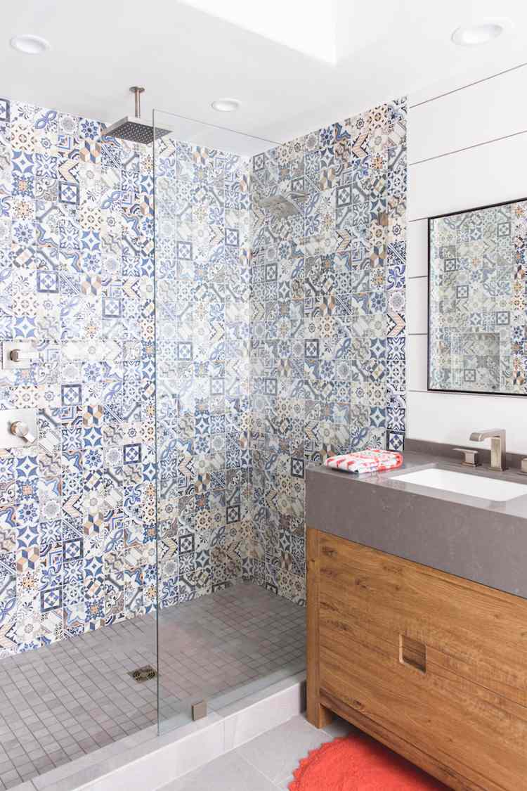 Patchwork tiles in modern Spanish style bathroom