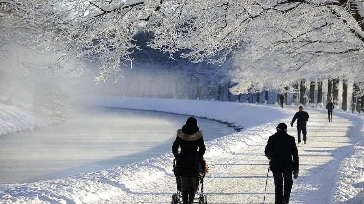 schnee im park menschen beim spazieren herzgesundheit beachten