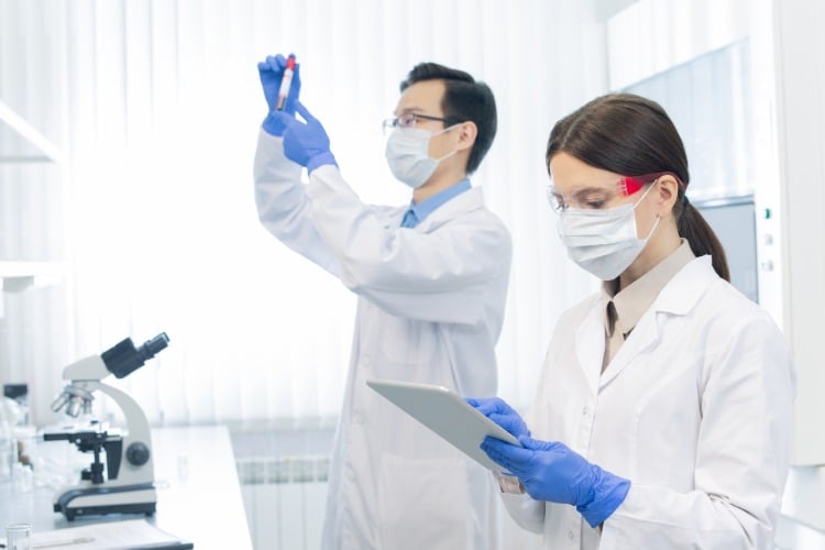 wissenschaftler in schutzkleidung untersuchen proben im labor