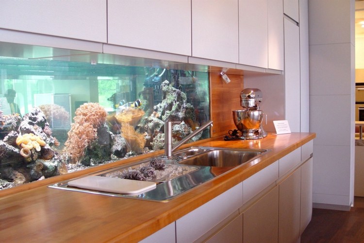 Aquarium in the wall integrated kitchen set up wall decoration ideas