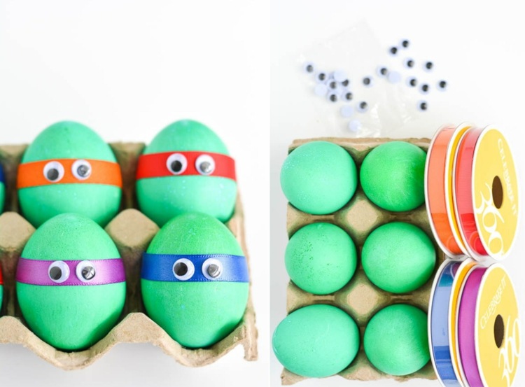 Bastelidee für die Kita - Grüne Eier mit Bändern und Wackelaugen für Ninja Turtles