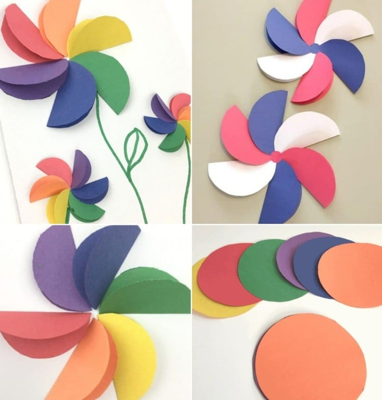 Basteln mit Kindern im Frühling und Blumen in Regebogenfarben aus Papierkreisen herstellen