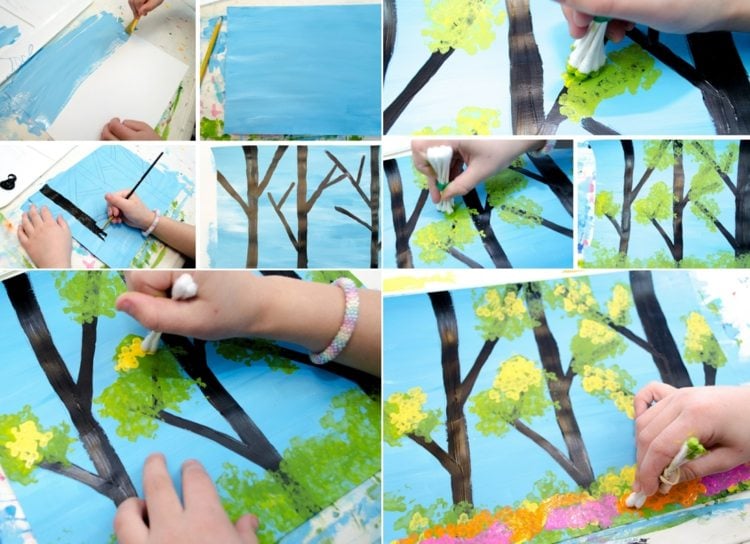 Baum für Frühlingsbilder malen und mit Wattestäbchen Blätter und Blüten gestalten