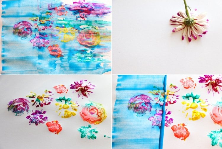Blumen für Frühlingsbilder malen - Mit echten Blüten Abdrücke gestalten