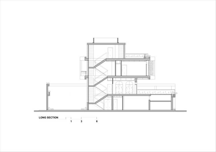 Einfamilienhaus Bauplan Seitenansicht vom Treppenhaus und Wohnzimmer und Schlafzimmern