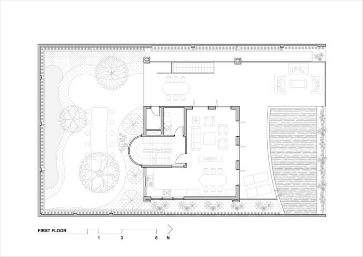 Einfamilienhaus Bauplan erster Stock Wohnzimmer und Küche
